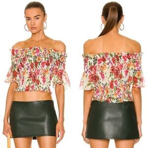 L'Agence | Bexley Off Shoulder Smocked Floral Top White Multi Garden Floral (XS)